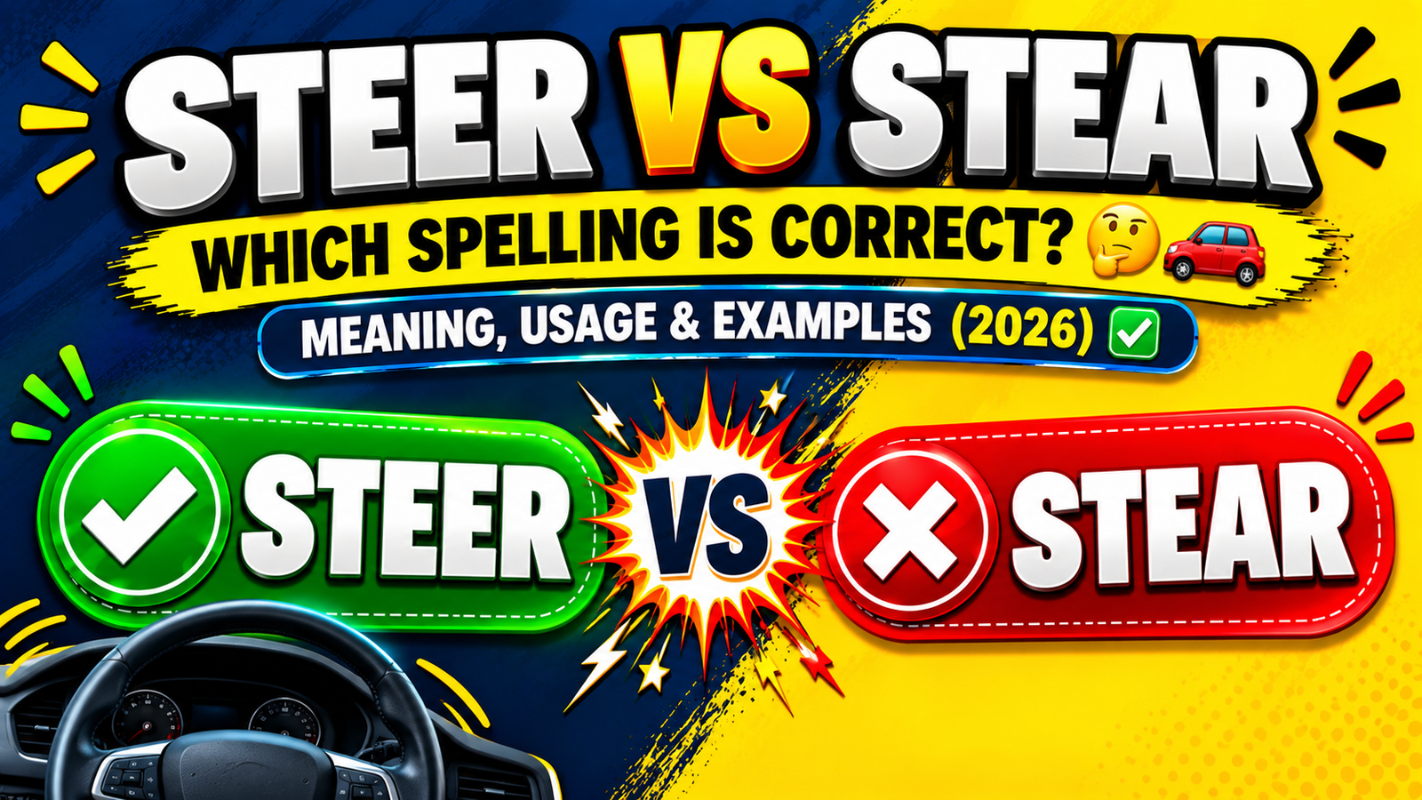 Steer vs Stear: Which Spelling Is Correct? Meaning, Usage & Examples (2026) ✅